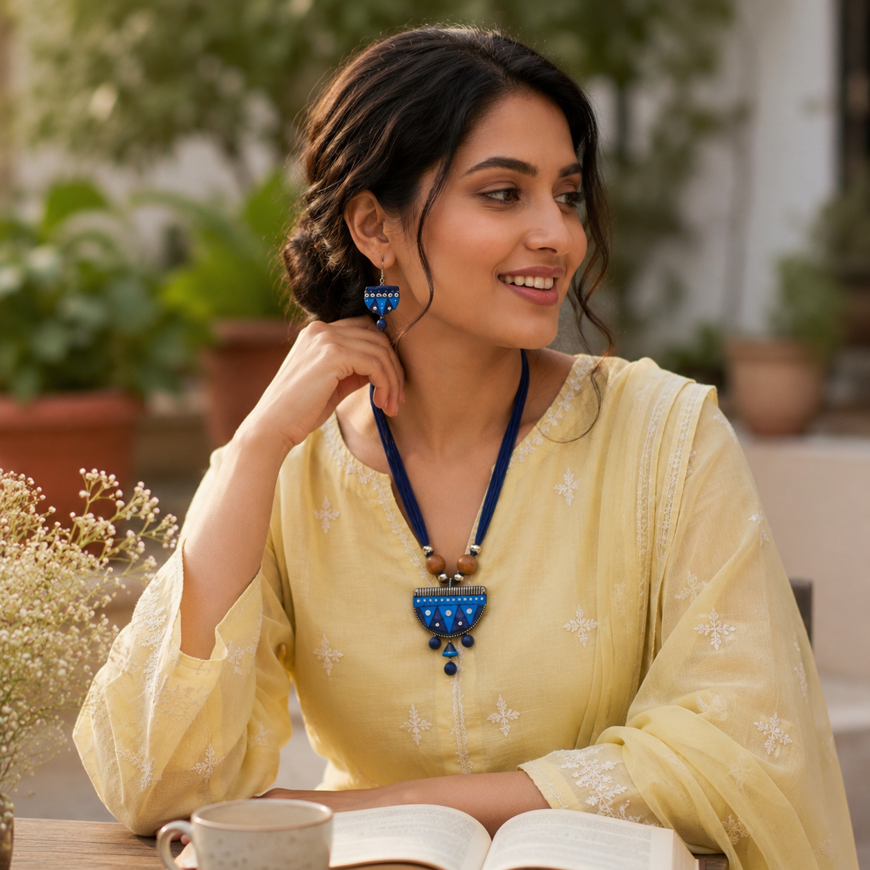Woman in a yellow traditional outfit with a blue necklace, sitting outdoors with plants in the background.