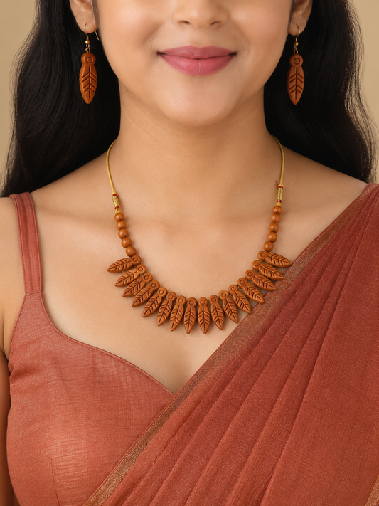 Earthy Terracotta Leaf Necklace & Earring Set