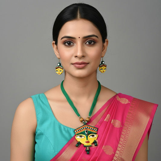 Woman wearing a colorful saree with a necklace and earrings on a gray background