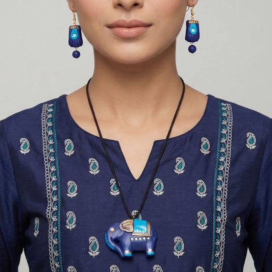 Handmade Blue Elephant Necklace Set with Earrings