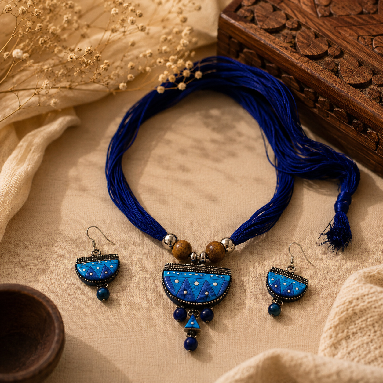Blue necklace and earrings set on a textured surface with dried flowers and a wooden box.
