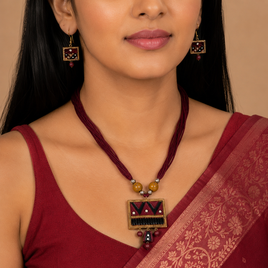 Maroon & Gold Clay Terracotta Necklace