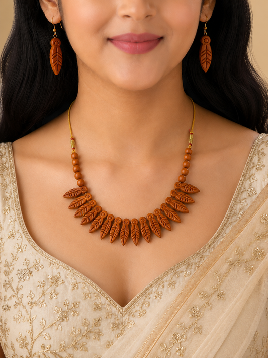 Earthy Terracotta Leaf Necklace & Earring Set