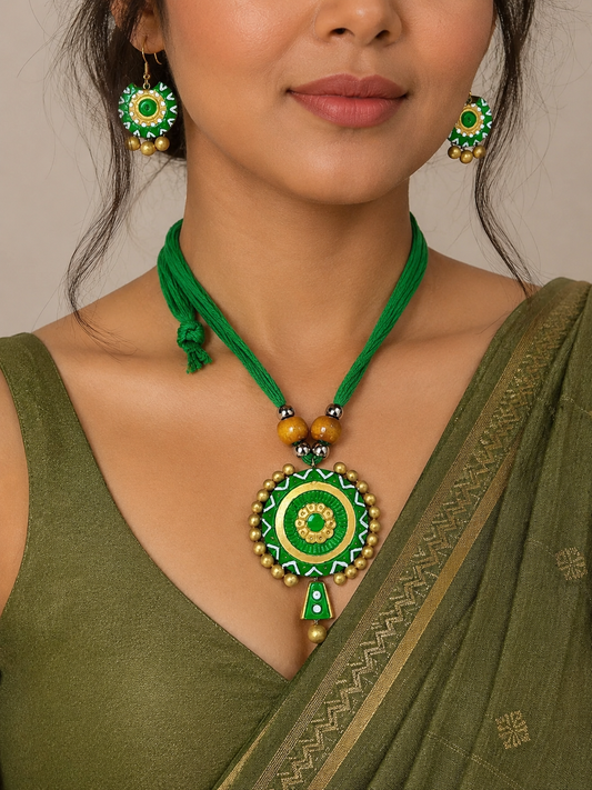 Handmade Green Terracotta Jewelry Set for Women