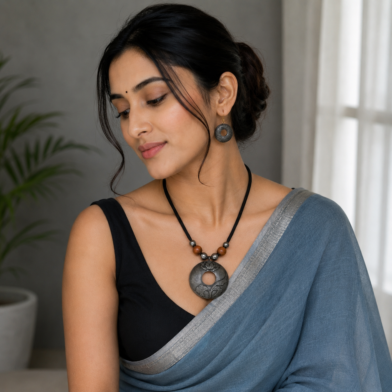 Woman wearing a blue saree with a black blouse, necklace, and earrings indoors.