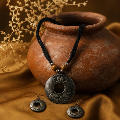 Necklace with pendant and earrings on a brown fabric background