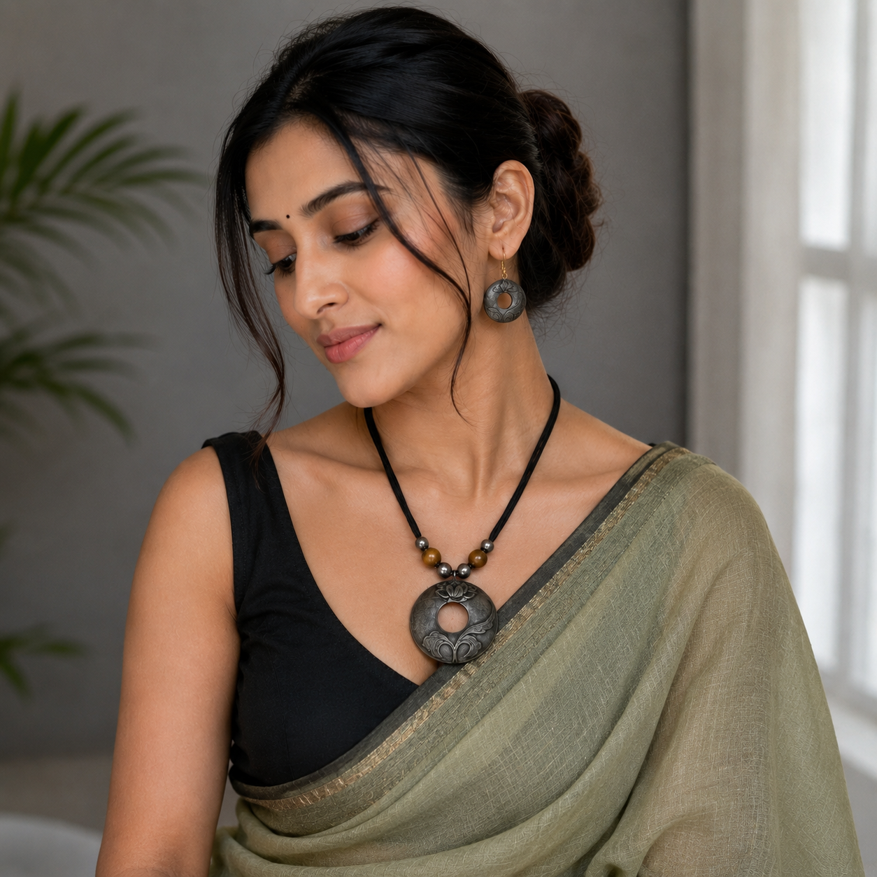 Woman wearing a black top and green saree with a necklace indoors.