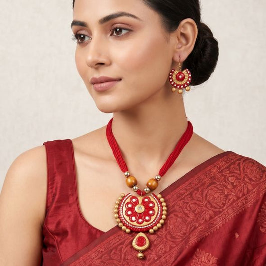 Handmade Red Terracotta Jewelry Set for Women | Elegant Ethnic Necklace & Earrings Set | Traditional Festive Jewelry