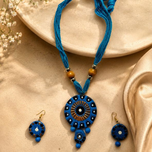 Handmade Blue Terracotta Jewelry Set for Women | Ethnic Statement Necklace with Earrings
