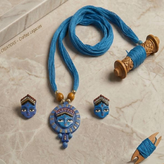 Sacred Goddess Motif Handcrafted Clay Necklace Set – Cerulean Blue & Gold