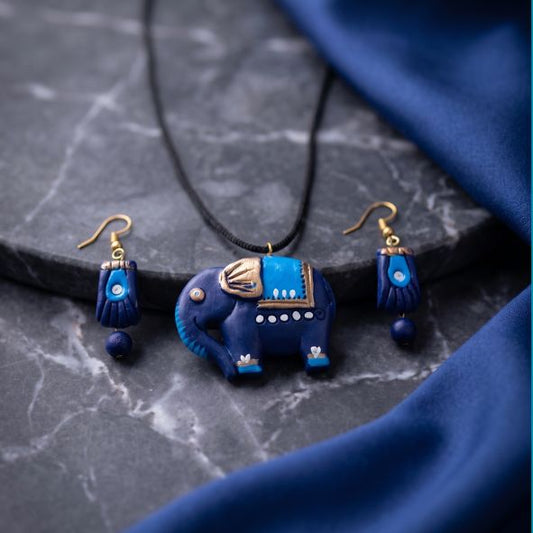 Handmade Blue Elephant Necklace Set with Earrings