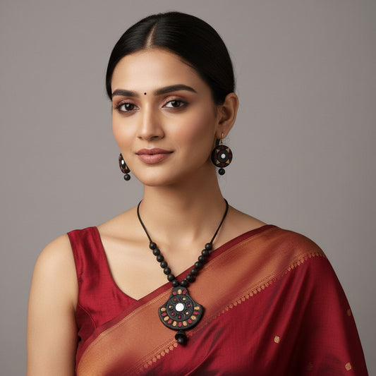 Woman wearing a red saree with a RANJANAnecklace and earrings against a gray background