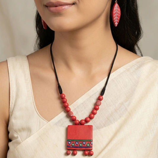 Traditional Red Hand-Painted Geometric Clay Choker Set with Adjustable Cord